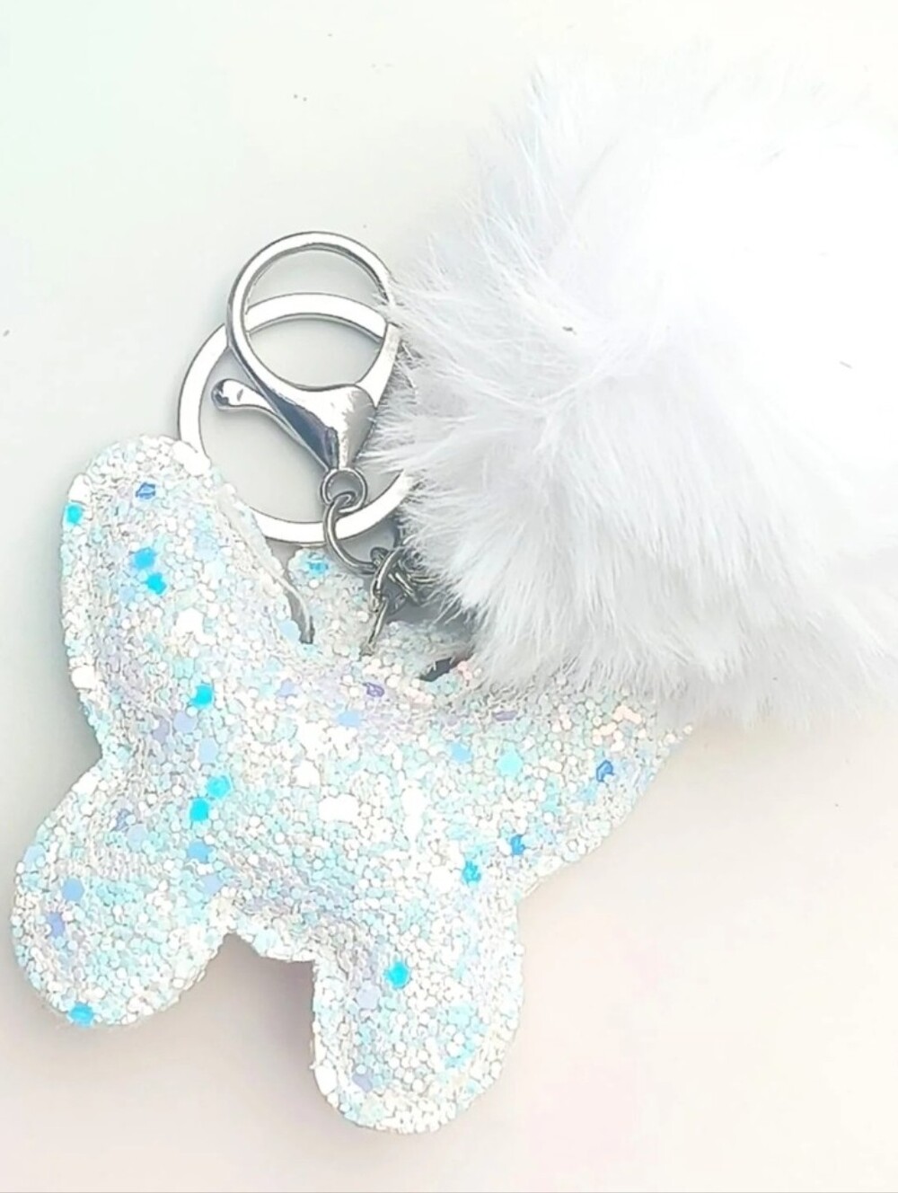 Sparkling White Butterfly Pom-Pom Keychain Bag Charm